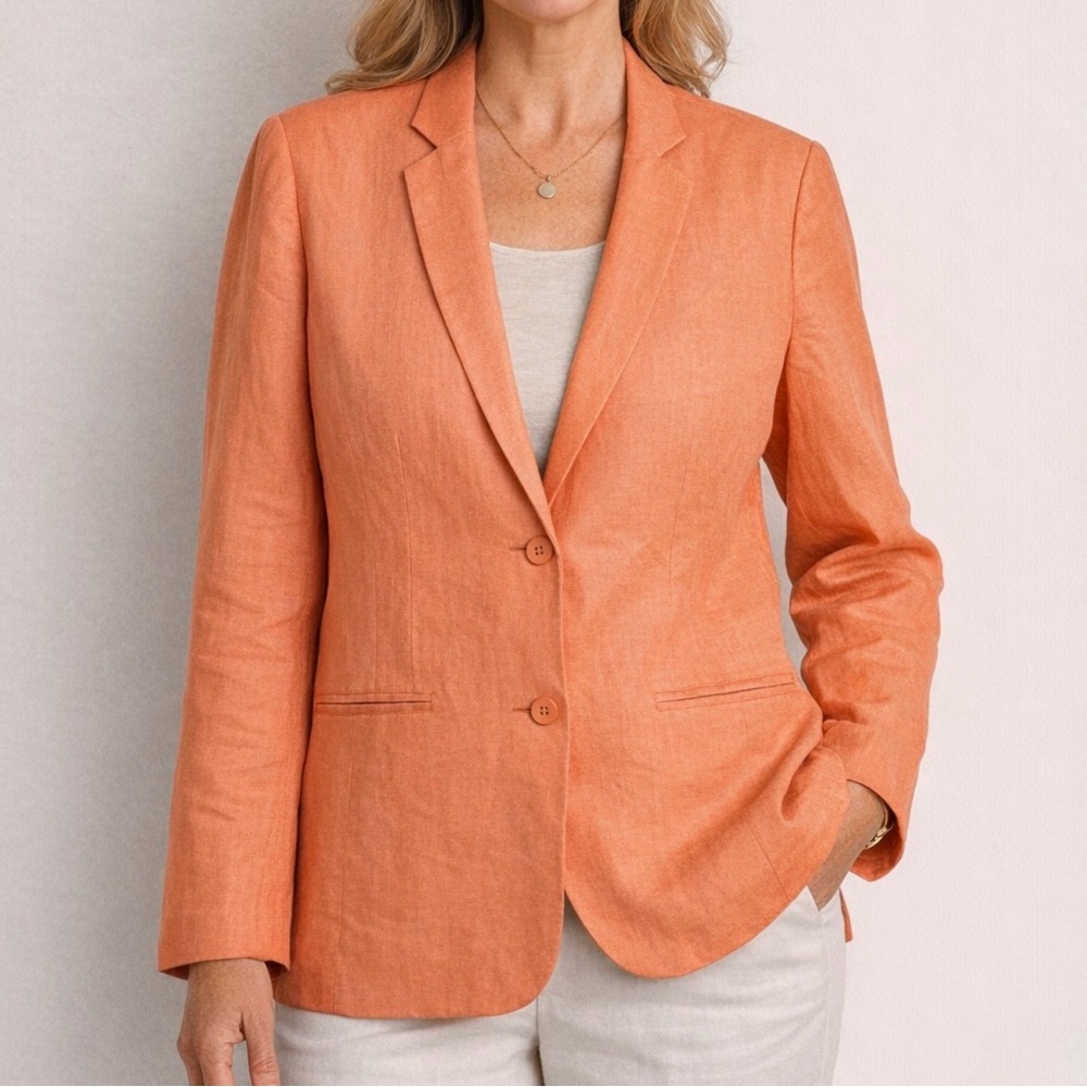 L.L.Bean Vintage Women’s 100% Linen Lined Orange Melon Blazer Jacket Size 14